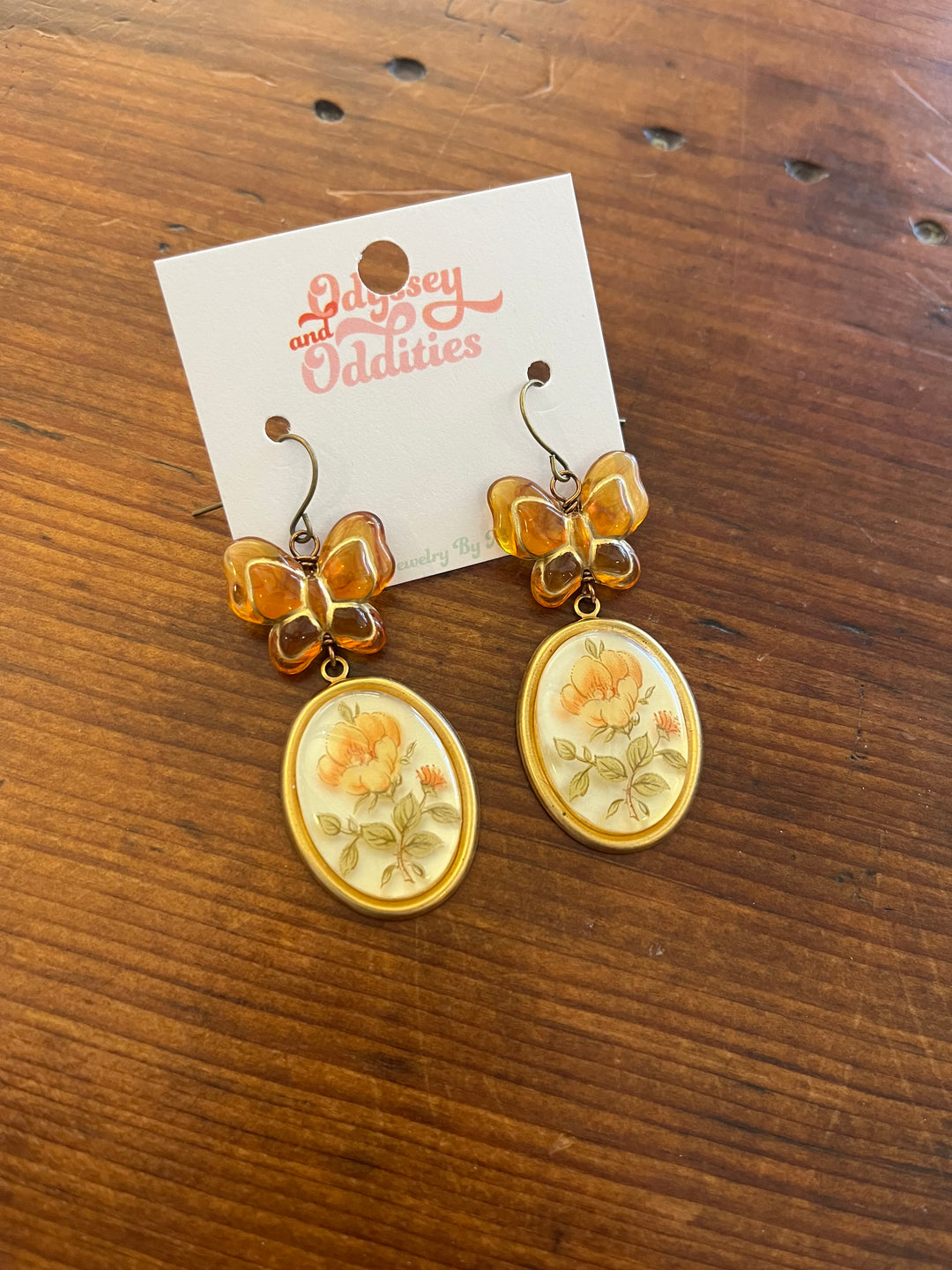 Brown Butterfly + Floral Cameo Earrings