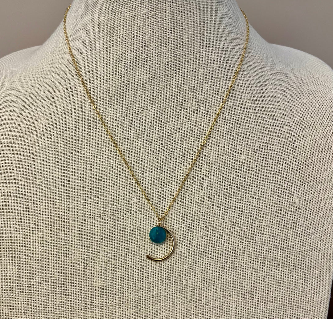 Gold Moon Shape w Turquoise Stone Necklace