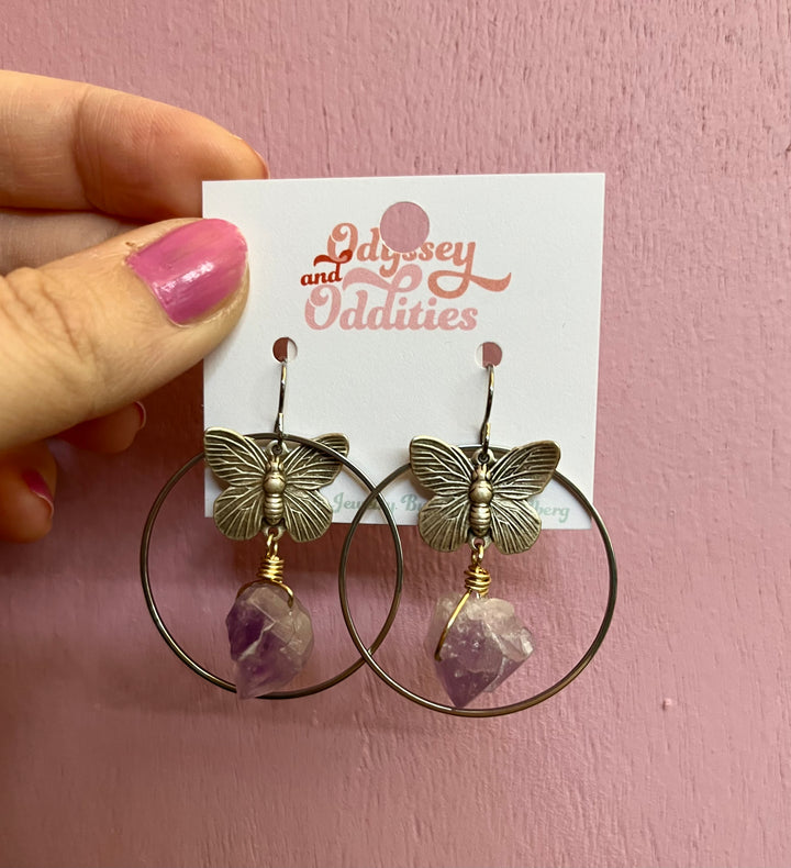 Silver Amethyst + Butterfly Circle Earrings