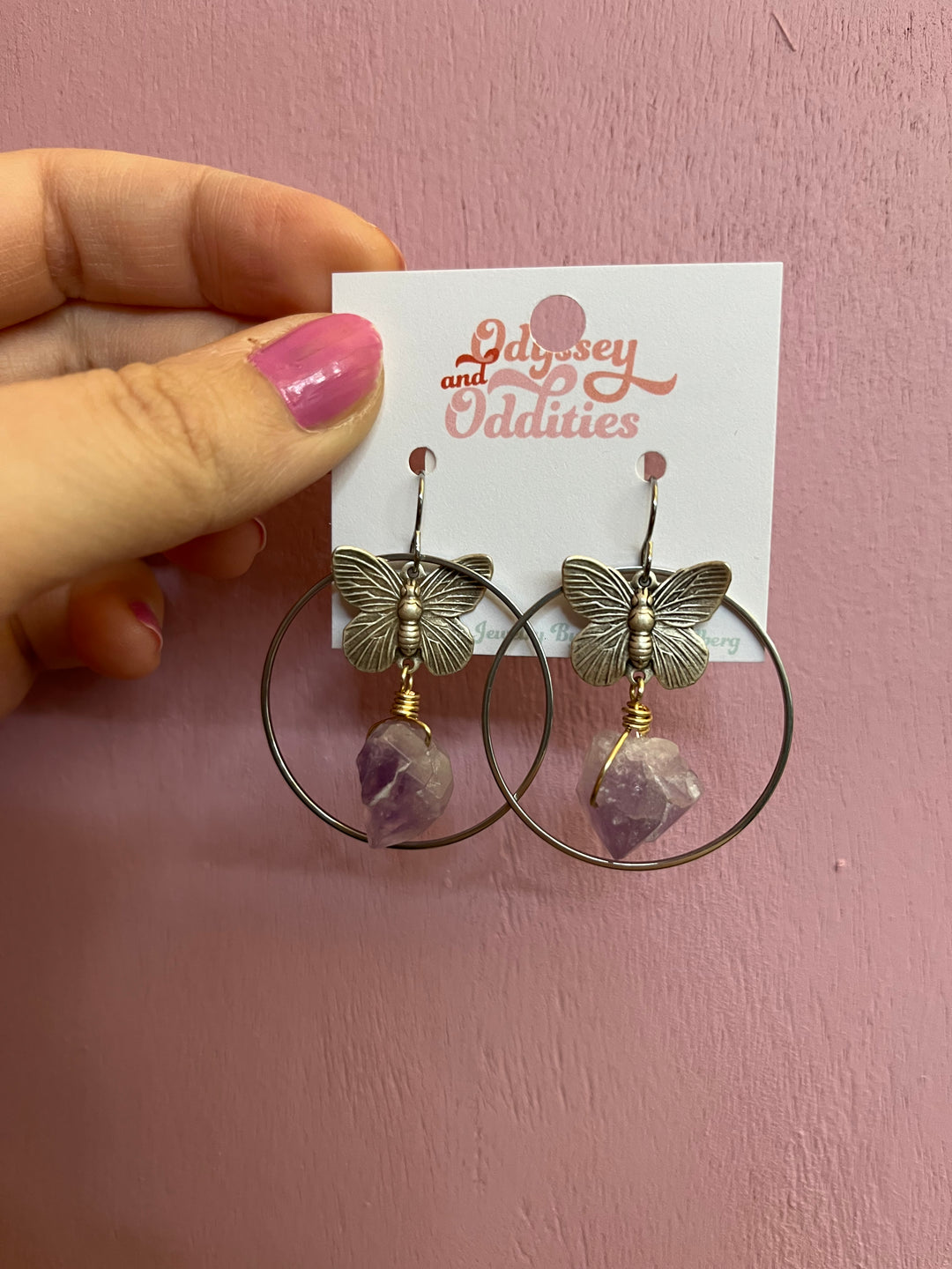 Silver Amethyst + Butterfly Circle Earrings