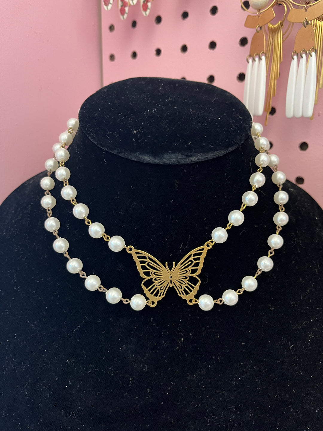 Faux Pearl Double Layer Butterfly Necklace