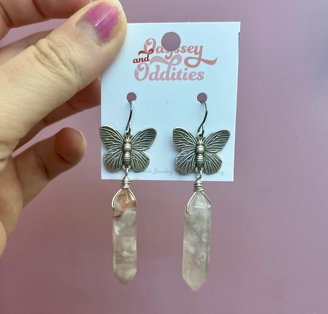 Silver Butterfly + Agate Point Earrings