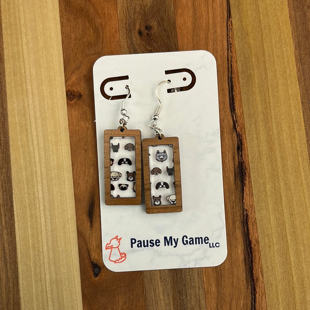 DOG FACES WOODEN RECTANGLE EARRINGS