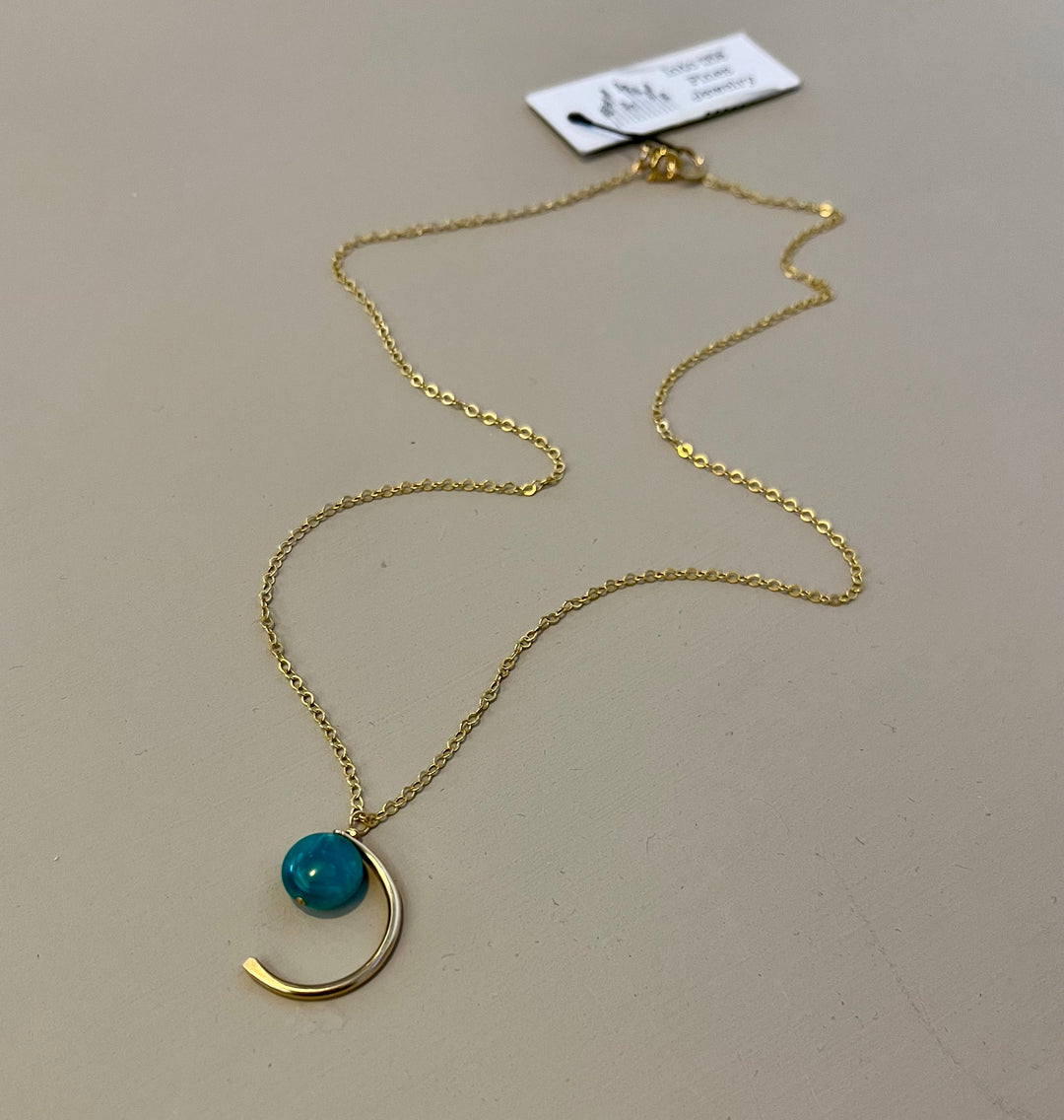Gold Moon Shape w Turquoise Stone Necklace