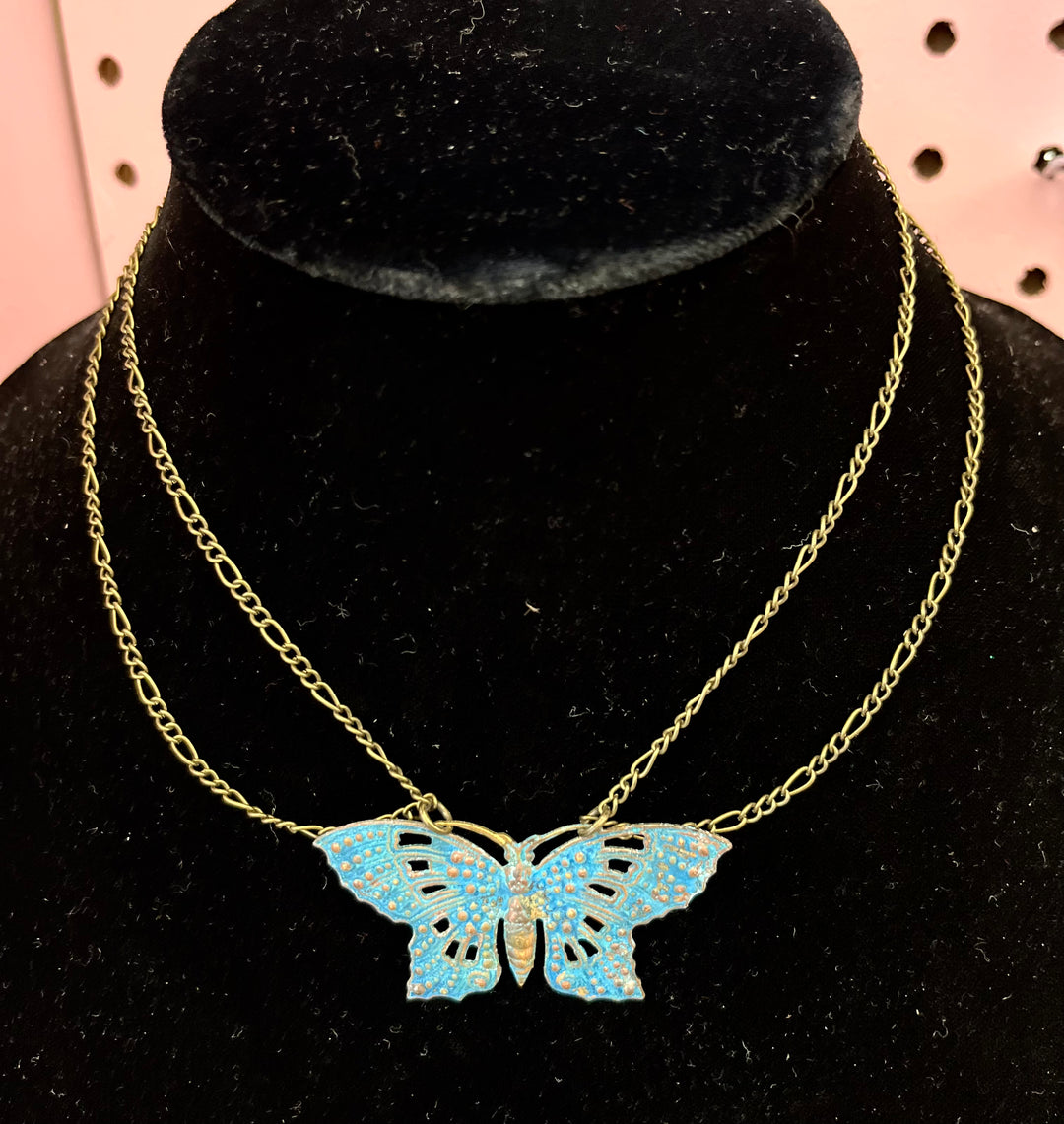 Blue Patina Butterfly Double Strand Necklace